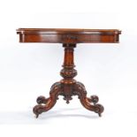 Victorian burr walnut and walnut card table, the serpentine top above a column and carved cabriole