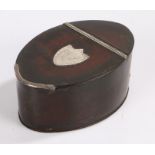 George III table snuff box, the oval leather clad box with a white metal hinge and lip, a shield