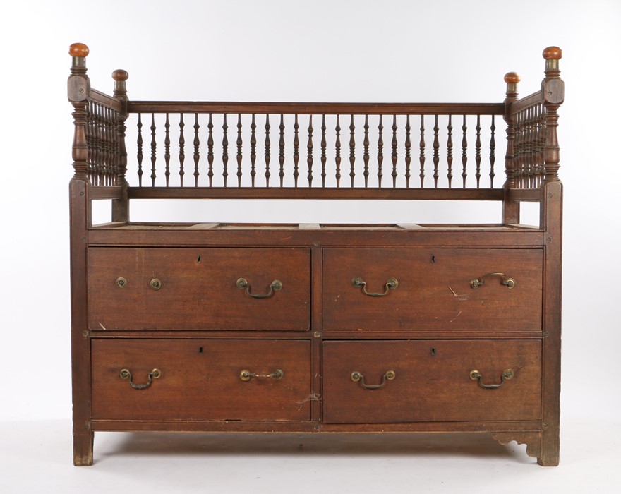 19th Century mahogany window seat, The spindle back and sides above four short drawers and block