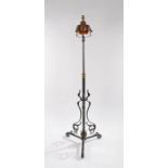 W.A.S. Benson style floor standing oil lamp, the copper reservoir above a steel stand with