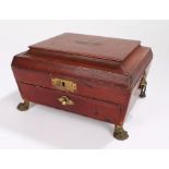 Regency sewing box, covered in red leather, with brass cartouche to lid, opening to reveal fitted