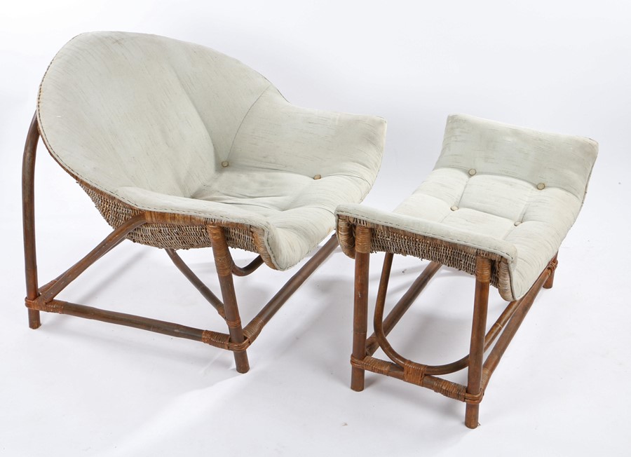 Early 20th Century cane framed armchair and footstool, with buttoned upholstery