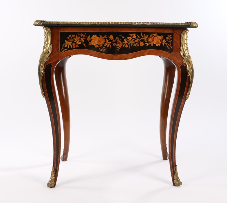 A fine mid 19th Century marquetry side table, the top with a marquetry scene using figured and