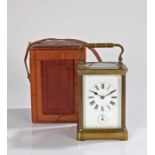 19th Century French brass cased carriage clock, the white enamel dial with Roman numerals and