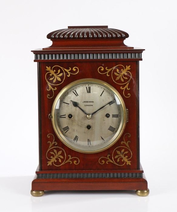 19th Century mahogany bracket clock, J.W. Benson, London, the gadrooned [pad top above bras inlaid
