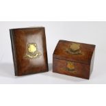 Victorian walnut stationary box and blotter, the box with an angled lid and plaque above the