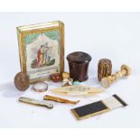 Collection of 19th Century sewing accessories, to include a thread winder, Tunbridge container, a