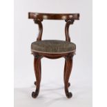 19th Century oak chair, the arched back with scroll supports above the pad seat on cabriole legs and
