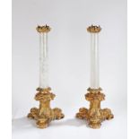 Pair of rock crystal and ormolu table lamps, the foliate and scroll decorated ormolu caps above