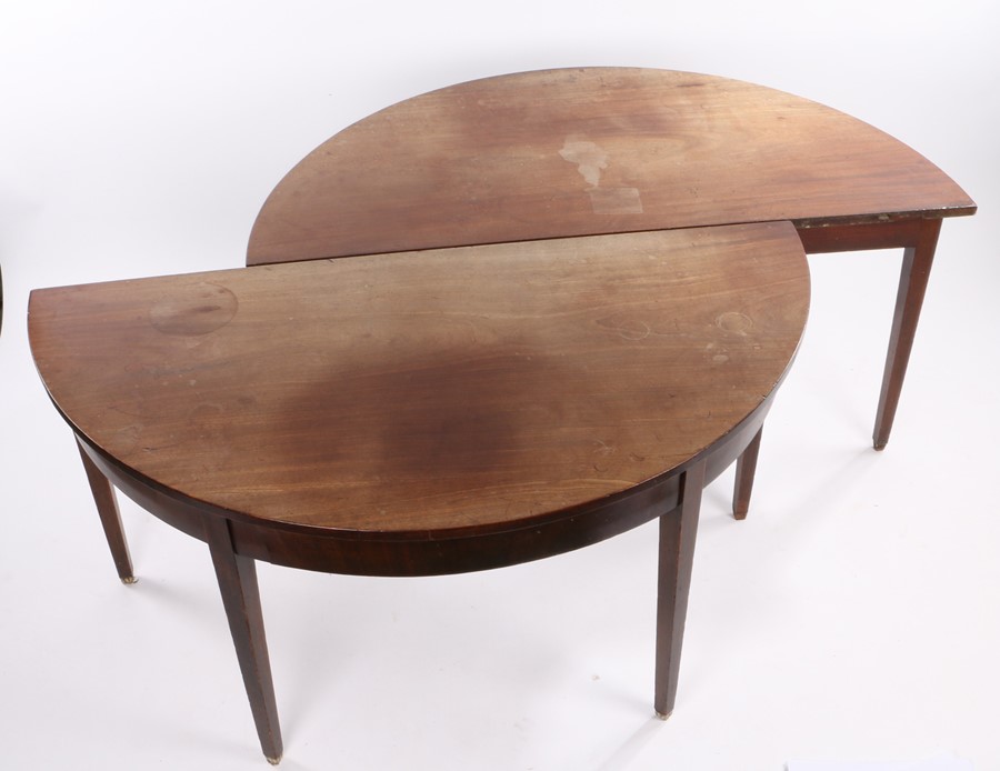 Pair of George III mahogany tables, of demi lune form, raised on square tapering legs, 137cm wide, - Image 2 of 2