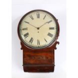 19th Century mahogany wall clock, the circular dial with Roman hours above the drop case, single
