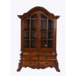 19th Century Dutch glazed bookcase cabinet, with an arched concave cornice above the glazed doors