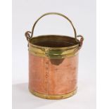 Victorian copper and brass coal bucket, the brass swing handle above a rivet decorated cylindrical