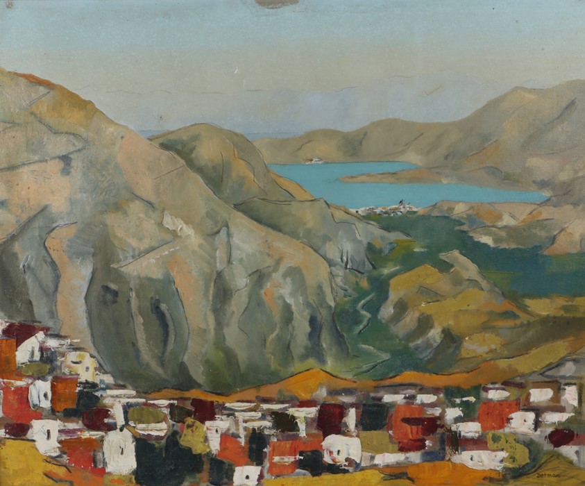 Detmar (Contemporary) Town nestled in a valley leading to the sea, signed oil on canvas, 66cm x