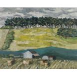 J Beytagh, 20th Century, Farm near a river and a treeline on the horizon, signed and dated 67 oil on