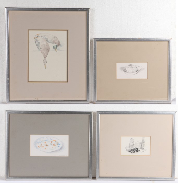 Martin Mackeown, (contemporary) four pencil sketches, to include a dish, a plate of food, still life