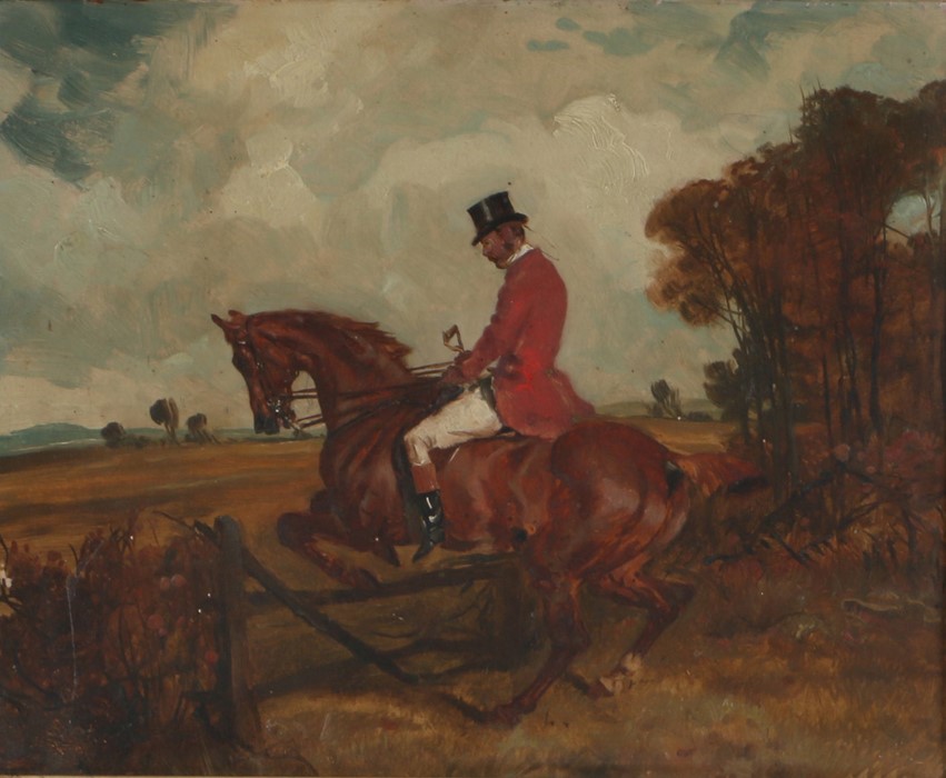 Richard John Munro Dupont (1920–1977) Hunter on horseback leaping a gate, unsigned oil on board,