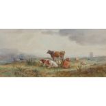 Henry I Earp (1831-1914), landscape scene with cattle and windmill, signed watercolour, housed in