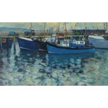 Bob Vigg (1932-2001) Boats by a jetty, signed Vigg, oil on board, 60cm x 35cm