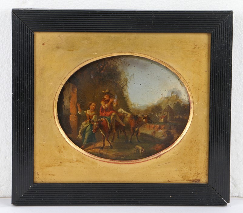 Dutch school, 19th Century, Drovers with cattle and a dog oil on copper, oval 20 x 15cm