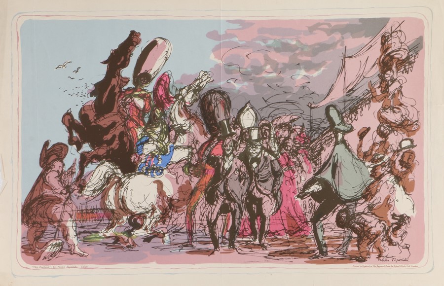 After Feliks Topolski, This England, lithograph printed in England at The Baynard Press for School