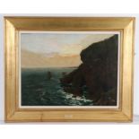 James Campbell Noble (1846-1913) Sailing by a cliff, signed oil on canvas, 59cm x 44cm