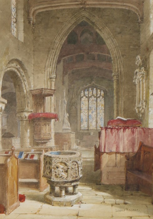 Louise Rayner (British 1832-1924) Interior of a church with a font, 17cm x 24cm