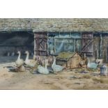 Neil Westwood (Contemporary) Geese by an Old Forge, signed watercolour, 38cm x 25cm