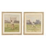 G V George, Pair of watercolours depicting cricketers, signed, 14cm x 16cm, (2)
