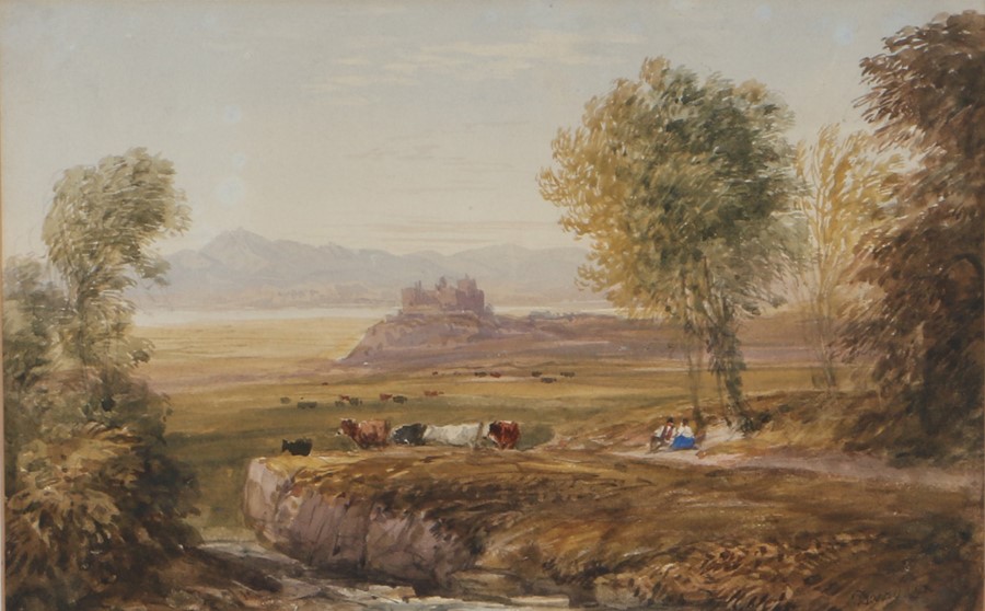 David Cox, OWS (1783-1859) Figures and cattle in a landscape with Harlech Castle in the distance,