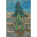 Jenny Sommerville (Contemporary) Figure seated on a fence, signed oil on board, 47cm x 70cm