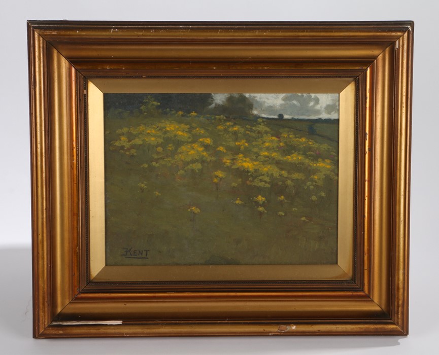 E Kent (early 20th Century British school) Yellow bloom in a hilly landscape, signed oil in