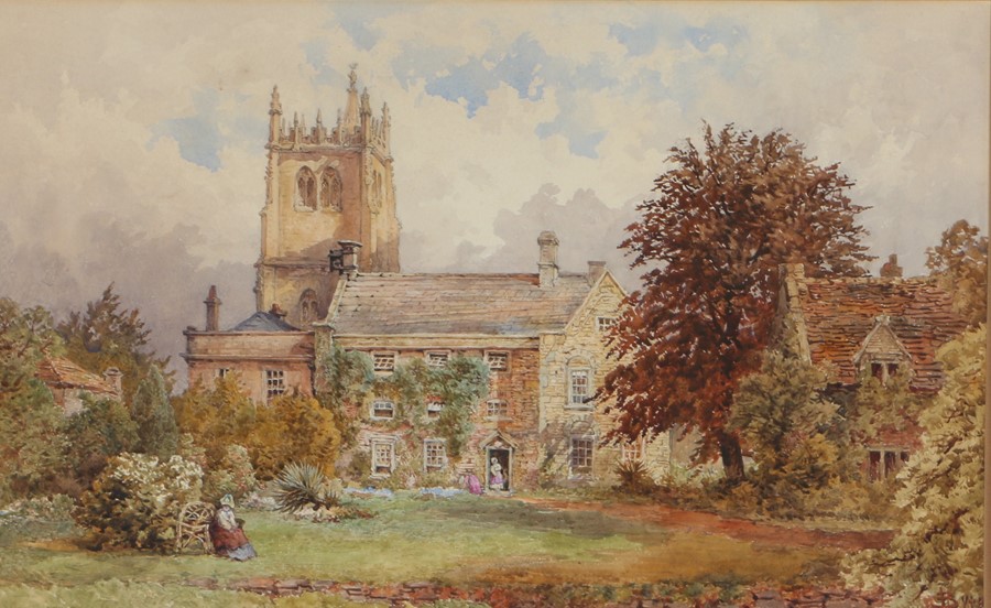 19th Century British school, Church and manor house with gardens, monogram bottom corner HB, 53.