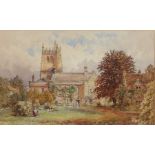 19th Century British school, Church and manor house with gardens, monogram bottom corner HB, 53.