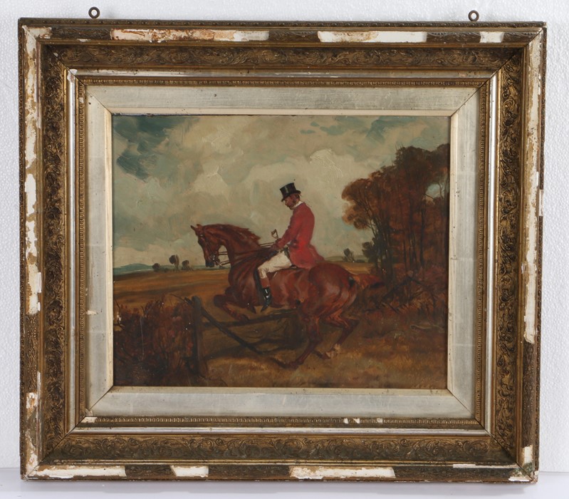 Richard John Munro Dupont (1920–1977) Hunter on horseback leaping a gate, unsigned oil on board, - Image 2 of 2