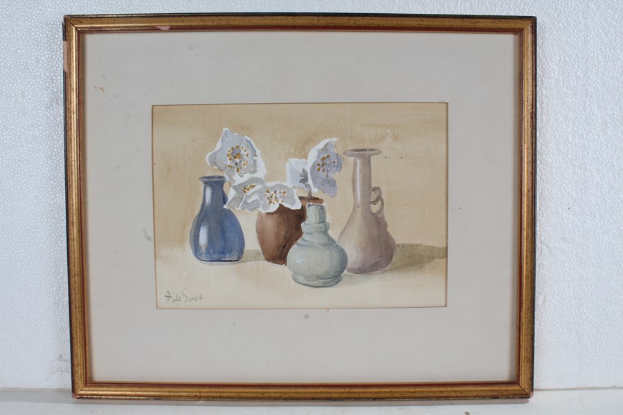 Arnold De Soet, still life watercolour, vases around a pot of flowers, signed to the bottom left