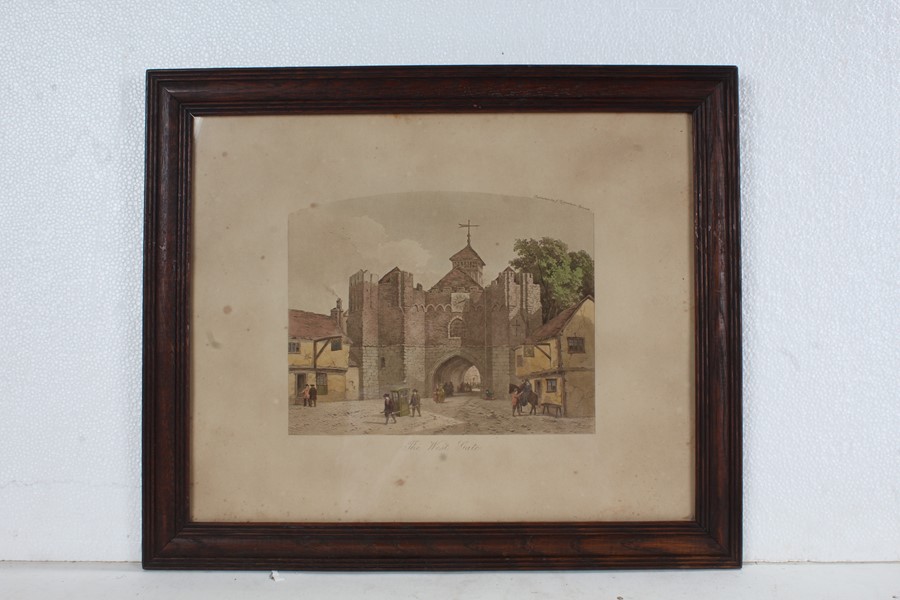 Five framed prints depicting Ipswich scenes, Bourne Bridge 1780, the Town Hall 1810, the Market