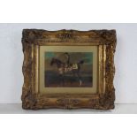 Gilt framed oleograph, depicting a gentleman on horseback, 19cm wide x 14.5cm high