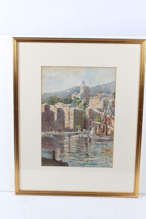 FB, harbour scene with hills to the rear, initialled watercolour, housed in a gilt and glazed frame, - Image 2 of 2