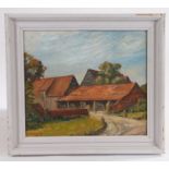 Thompson, farmyard with barns, signed oil on board, housed in a white painted frame, the oil 33.