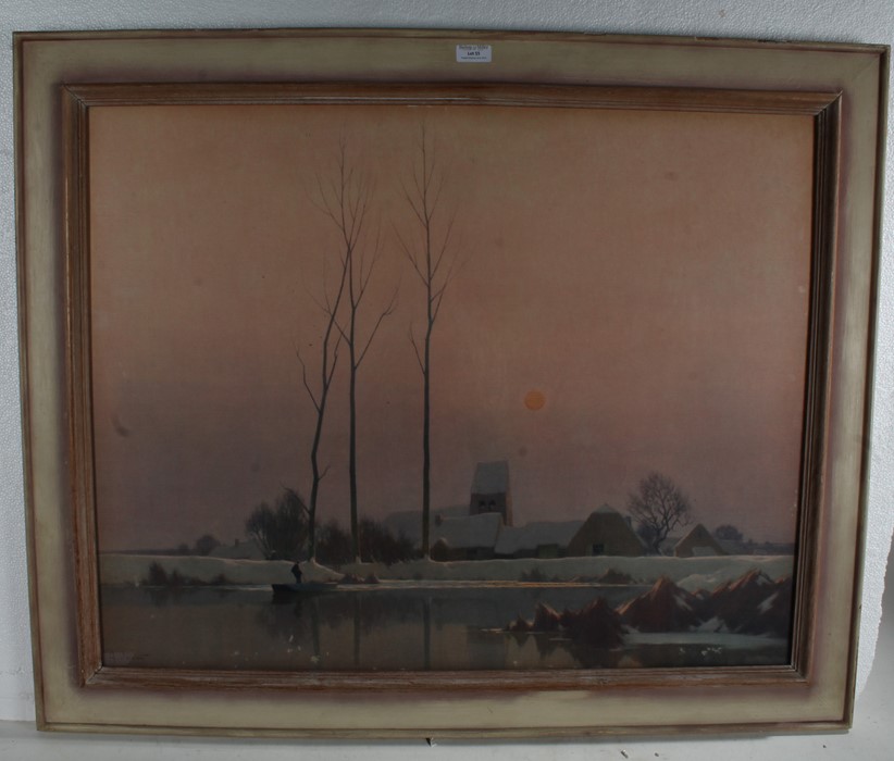 A. Jacob, early 20th Century signed watercolour, depicting a sunrise over a rural lake, with a