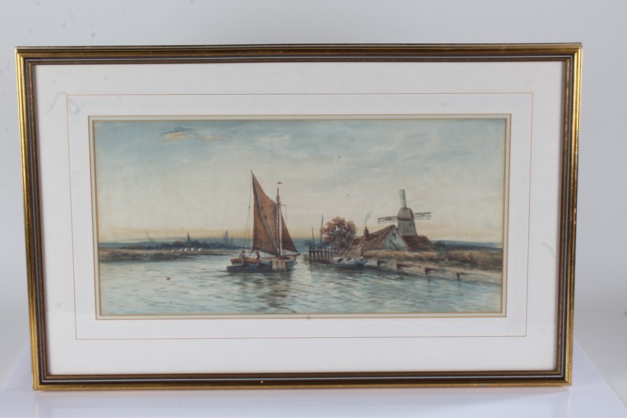 A. Watts, riverside scene with sailing boat and windmill, signed watercolour, dated 1908, housed