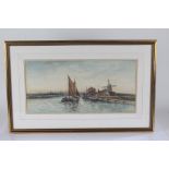 A. Watts, riverside scene with sailing boat and windmill, signed watercolour, dated 1908, housed