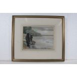 E. Charles, fishing scene with figure holding a rod and another holding a net, signed pastel, housed