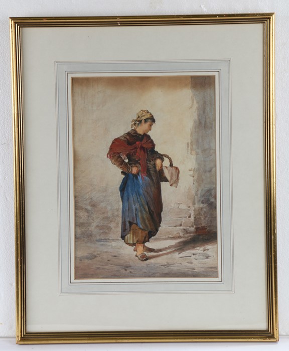 Continental School, lady holding a basket, unsigned watercolour, contained within a gilt and