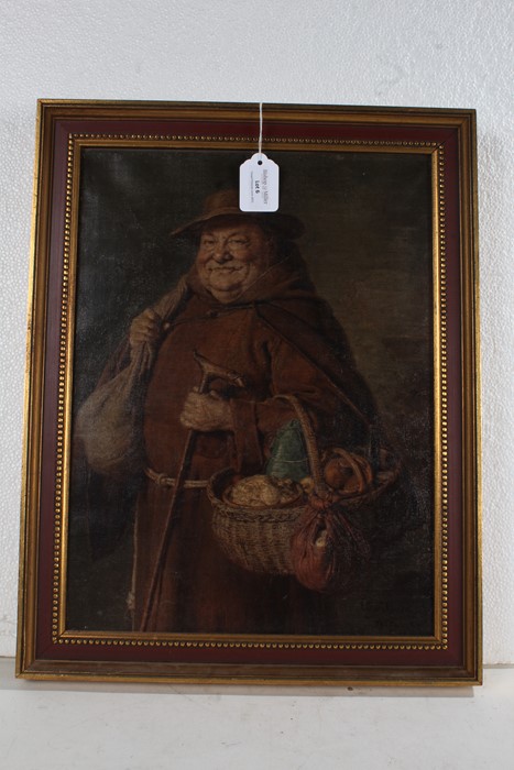 Oleograph depicting a monk carrying a basket, housed in a red and gilt frame, the oleograph 29cm x