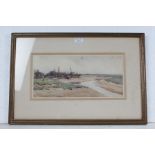 H A Macfarlane, Estuary with a ship yard, signed H.A.M, Rowley gallery label to the reverse, 35cm