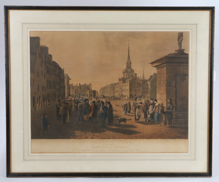 After C. Turner, The View of Castle Street Aberdeen, coloured print, housed in a gilt and ebonised