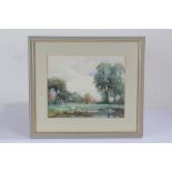 G O Work, British school, watercolour of swans by a lake, 28cm x 23cm