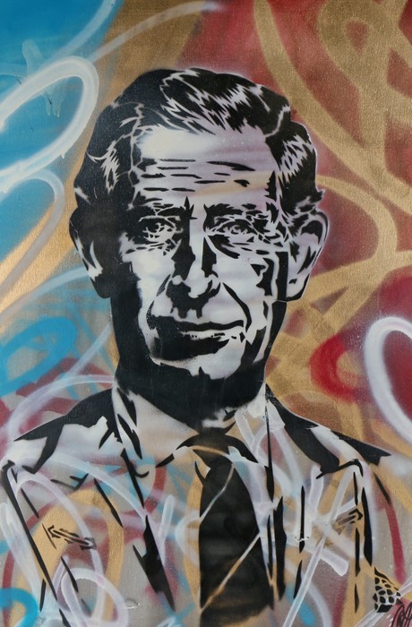 Rich Simmons (B1986), "Prince Charles", spray paint and stencil on canvas, initialled lower right,